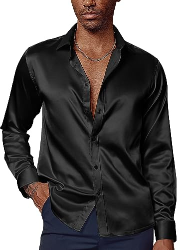 PaulJones Camisa de negocios para hombre, manga larga, sin planchado, satén, fiesta, boda, camisa con pajarita a juego, Negro , XL