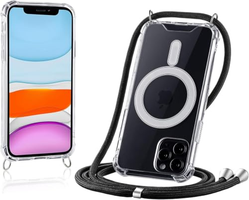 JProtect für iPhone 11 Pro Hülle mit Band und MagSafe – Magnetische Handykette für iPhone 11 Pro Magnet – Durchsichtige Umhängehülle Band Schwarz – Kette Handyhülle für MagSafe Zubehör