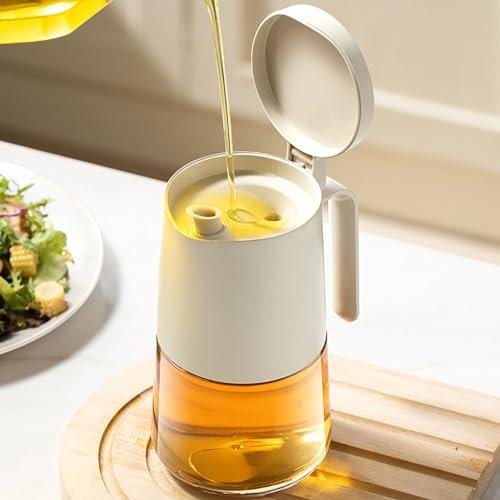 HAILM Ölflasche Ölspender Für Die Küche, Manueller Glas-Speiseölbehälter Mit Klappverschluss, Auslaufsicher Und Tropffrei, Leicht Zu Befüllen Und Zu Reinigen, 680 Ml (Weiß), Für Öl-Essig