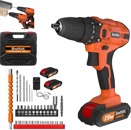 Cordless Drill Set 21V, 45N.m Max Power Drill Driver with 2 Batteries and Charger, 3/8” Chuck Electric Screwdriver, 25+1 Torque, 2 Speed & LED, 29pc Accessory Kit, for Home DIY