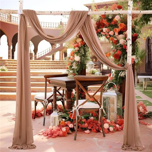 Highdi Hochzeitsbogen Hochzeit Vorhang, Chiffon Tüll Stoff Querbehang Freihanddeko Transparentem Voile Gardinen Foto Hintergrund Dekoration für Torbogen Geburtstag Party (Braun,75 * 600cm)