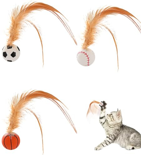 Springbälle für Kätzchen, Federbälle für Katzen, 3 interaktives Spielzeug für Katzen und Haustiere, aus, mit Federn, Spielzeug für Katzen
