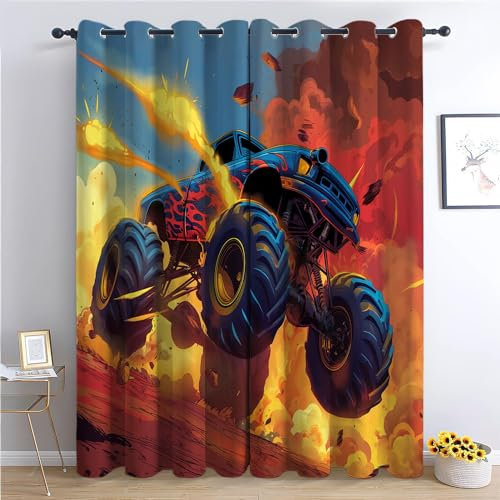 CozyRest Vorhang Blickdicht Thermovorhang Wüstencartoon Riesenwagen Muster Gardinen Wohnzimmer Vorhänge Geräuschreduzierung Dekoration für Schlafzimmer Fenster Gelbe Flamme Comic -Stil 230 x 117 cm