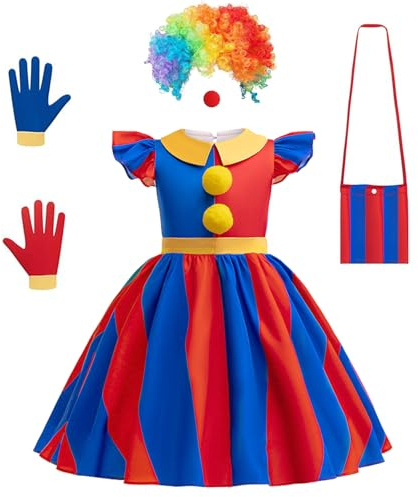 SIMSPEAR Circus Costume for Girls, Kids Cosplay Clown Set with Rainbow Wig, Nose, Bag, Gloves