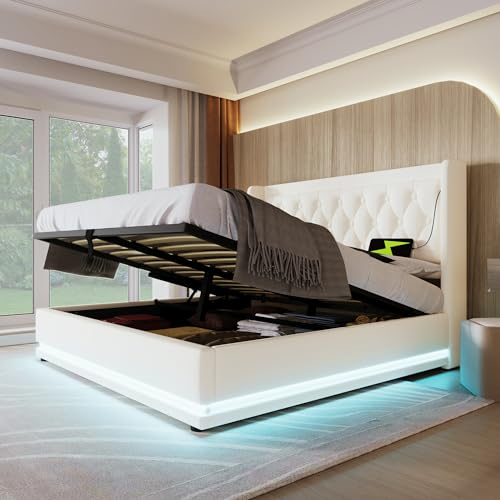 Polsterbett 140x200 cm, Bettrahmen mit LED-Beleuchtung und Ladestation, LED Doppelbett mit Stauraum und Lattenrost, PU-Material Hydraulisch Stauraumbett Funktionsbett Jugendbett, ohne Matratze, Weiß
