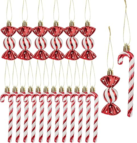 HERZONE Ornement de Noël - Décoration de sapin de Noël - Sucres d'orge et bonbons rouges - 18 pièces - Plastique