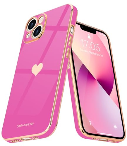 Teageo Fodral för iPhone 13 i galvaniserat guld ultratunt med sött kärlekshjärta-mönster fodral med helkroppsskydd stötsäker anti-repor för iPhone 13, rosa rosa