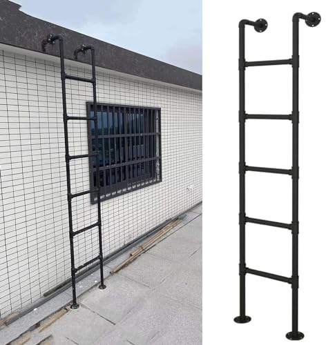 An der Wand montierte Leiter, robuste Metallleiter für den Fensterschacht mit Einer Tragkraft von 140 kg, 150 cm, 180 cm, 210 cm und 240 cm als Not-/Feuerleiter, Schwarze Dachbodenleiter für