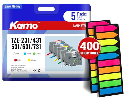 kamo 5 cintas + notas autoadhesivas 400 unidades, compatibles con Brother P-touch 12 mm 0,47 cintas de escritura TZe-231 431 531 631 731 731 laminadas para PT-P300BT PT-H100R PT-H110 PT-H110 PT-P700