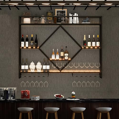 Moderno estante de metal montado en la pared con estante para licor y soporte para copas de vino, estante flotante de hierro para almacenamiento de vino para cocina y hogar, color negro, 140 x 15 x 80