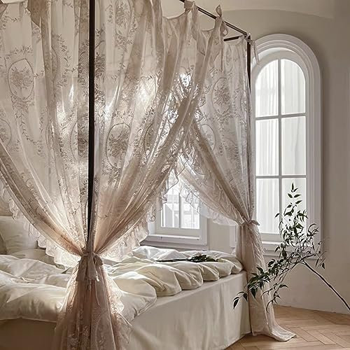 Elegante rustikale Lace -Lace -Prinzessin 4 Ecke Post Moskitonetz für Mädchen Frauen Bett Vorhang Baldachin für Erwachsene Hochzeitsschlafzimmerzimmer Dekoration (Hellbraun, Königin)
