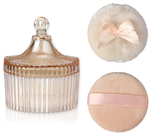 SUMTree Glass Body Powder Puffs and Container, Dusting Powder Container with 2 Puffs Washable and Reusable for Women, Empty Talcum Box Container for Baby, Small, Amber