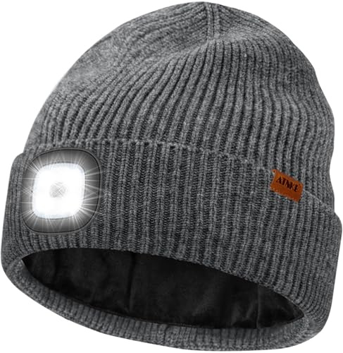 ATNKE LED Beleuchtete Mütze mit Licht Fleece Gefüttert, USB Wiederaufladbare 4 LED Laufmütze Freihändig Stirnlampe Winter Warm Wollige Totenkopf Mütze Geschenke für Herren und Damen