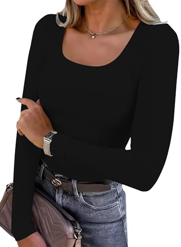 DUOEASE Maglia Donna Manica Lunga Basic Tinta Unita Top Girocollo Elastico T Shirt Elegant Casual Top Donna (Nero L)