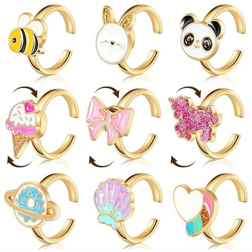 Cosmeria Set de 9 Anillos Anti Estrés, Anillos de Ansiedad Giratorios, Anillos Apilables y Ajustables para Calmar y Mejorar el Ánimo