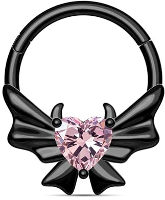 CM Crareesi Mania Daith Piercing Schwarz Septum Piercing Chirurgenstahl 16G Septum Clicker Hoop Helix Piercings 10mm Segmentringe mit rosa Herz Zirkonia