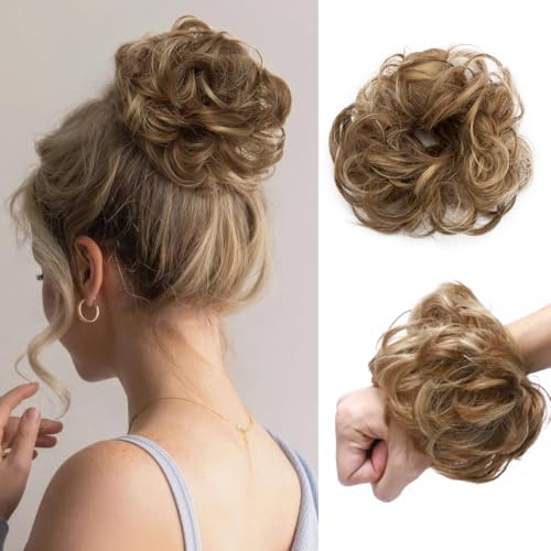 SEGO Pro Faux Messy Hair Bun Scrunchie Hair Piece for Women, Synthetic Curly Bun Wig Hairpiece Updo Ponytail Extension, 25g 5 Inch (#12H24 Light Brown & Ash Blonde)