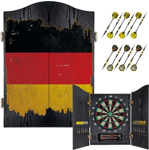 Yirinatek Dartscheibe Elektronisch, Dartscheibe Schrank mit Mustern | [12 Bronze Pfeile][Cricket-Spielmodus] Profi E Dart Scheibe mit Holzschrank, für Familienspiele und Bar - DE FLAG