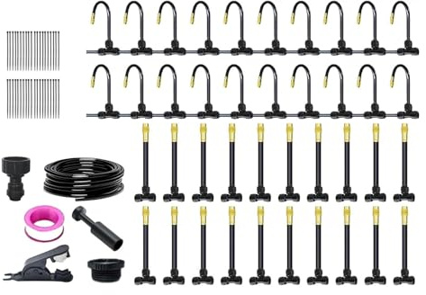 Sistema de goteo para jardín – Kit de riego para jardín con tuberías – Accesorios de jardinería automática con manguera flexible, ajustable y aspersor para césped y terraza