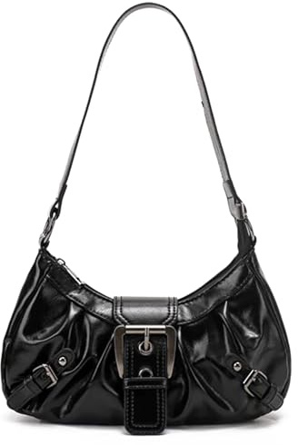 AFMKTICA Y2K Trendy Purse for Women, Leather Buckle Punk Hobo Clutch Purses Bags for Ladies Top Handle Shoulder Bag (Deep black)