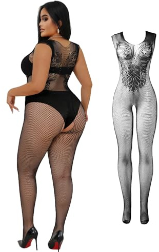 ohmydear Women's Fishnet Body Stockings Lingerie Outfits Plus Size | Sexy Bodysuit Lace Bodystockings, Hollow Out Mesh Babydoll Nightwear for Bedroom, XS-2XL