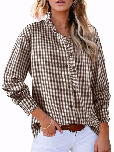 Blusa a Cuadros con Cuello en V y Botones para Mujer Tops Vintage Casuales de Manga Larga para otoño Camisas a Cuadros Bonitas (Brown,M)