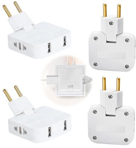 YANGUN 4 Stück flachstecker mehrfachsteckdose, Flacher Stecker Steckdose mit 2 USB-Buchsen, Steckdosenadapter Flach, 180° Drehbare, Amerikanischer und Europäischer Adapter für Büro, Hause, Reisen