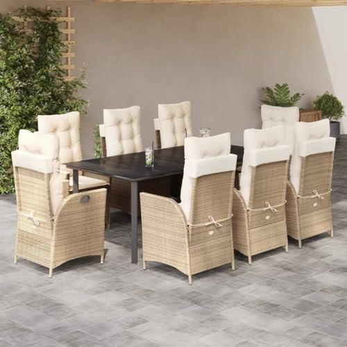Yunovire 9-TLG. Garten-Essgruppe mit Kissen, Beige Poly Rattan, verstellbare Relaxsessel, 200x100x74cm Glastisch, für Terrasse, Balkon, Außenbereich