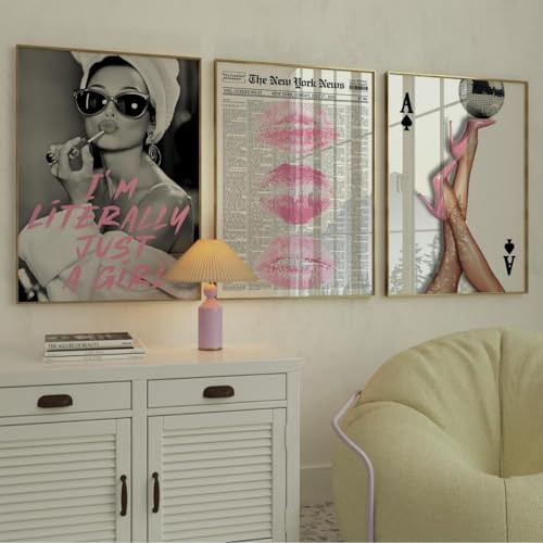 JORCEDI 3er Poster Set, Y2K-Retro-Ästhetik-Poster, Modische rosa Lippen High Heels Dekorative Wandbilder, Mädchen-Schlafzimmer Wohnzimmer Kunstdrucke, ohne Rahmen (30 x 40 cm)