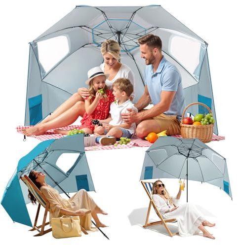 Joparri Parasol 2 en 1 pour plage, jardin, 2 à 4 personnes, protection solaire UV50+, parapluie multi-usage avec fenêtre et sac de transport, pliable, Bleu ciel avec tête pivotante