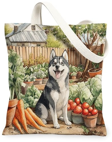 Spring Husky Dog Gardening Canvas Tote Bag for Shopping 13x15, Puppy Farmhouse Country Reusable Grocery Print Pattern Bag for Women, Planting Aesthetic Painting Gift Decor