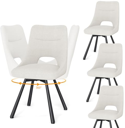 WAFTING 360° Drehbare Esszimmerstühle mit Metallbeine 4er Set, Beige | Kunst-Kaschmir-Stoff, 48 cm Breite Sitzfläche, Moderne Gepolsterte Küchenstühle, für Esszimmer, Küche, Wohnzimmer und Cafés