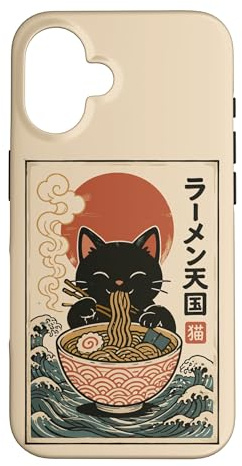 Hülle für iPhone 16 Ramen Cat Japanische Anime Kawaii Nudeln Retro Art