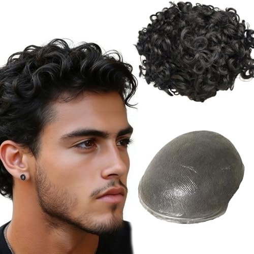 NLW 0,04 mm dünne echthaar toupet männer 10mm Locken haarsystem mann 100% Echthaar-System für Herrenperücken,Basis Größe 8 x 10 Zoll, 120% Dichte, #1B Naturschwarz