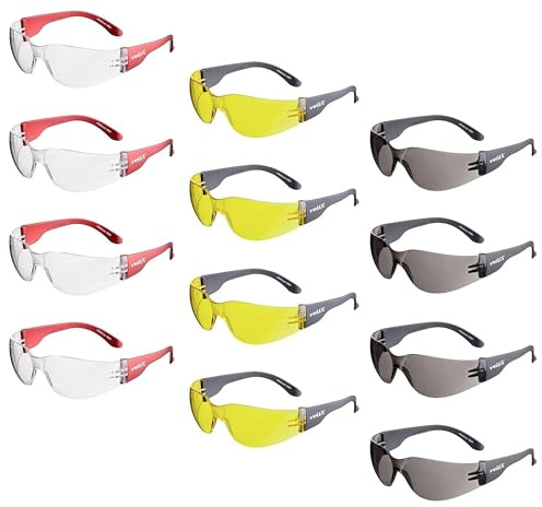 voltX 12 x GRAFTER’ Lightweight Industrial Safety Glasses, CONTRACTORS DISCOUNT pack (4 x Clear, 4 x Smoke, 4 x Yellow Lens Colours) UKCA certified. Anti-fog and Anti-scratch, UV 400 protection.