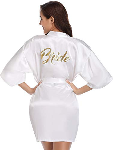 Vlazom Morgenmantel für Hochzeit Satin Kimono Badmantel für Braut&Brautjungfern Damen Robe mit Gürtel V Ausschnitt Morgenmantel für Hochzeit Party Pool Party und Pajama Party