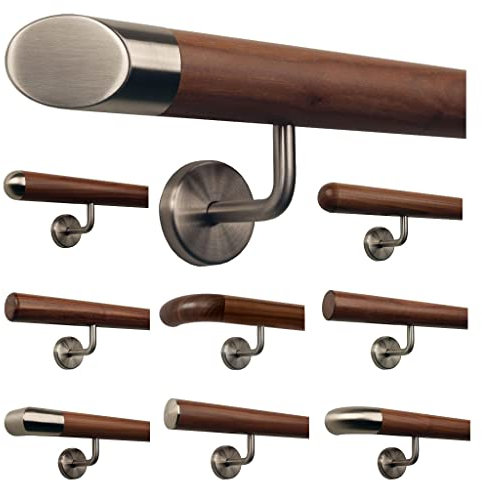 TIBU Ami Nussbaum Geländer Handlauf Treppe Holz Griff gewinkelt Edelstahlhalter, Länge 30-500 cm - Variante: 190 cm mit 3 Halter und Ende schräges Edelstahlendstück