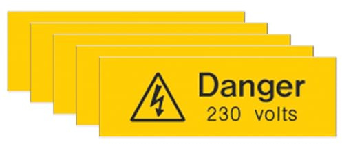 iSigns Warning Signs (Danger 230 Volts) Pack of 5, Rigid and Engraved Danger Sign, 75x25mm, Easy to Apply Self-Adhesive High Voltage Sign, British HSE Standards Approved