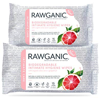 RAWGANIC® - BIO Intim Reinigungstücher aus Baumwolle - feuchte Pflegetücher für untenrum – vor dem Wachsen – kompostierbar, parfümfrei, vegan, weich – in der Toilette spülbar – Pckg. mit 15 Tüchern