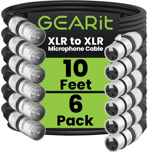 GEARit XLR Cables 10 ft 6 Pack, XLR Male to Female Microphone Cable, Balanced Shielded Mic Cable with Copper Conductors for Recording Studio, Podcast, Stage Audio & Live Sound