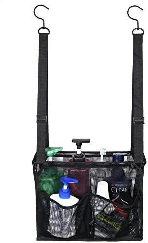 Phying Panier de douche en maille à suspendre avec crochets, paniers de bain avec 4 poches pour dortoir, salle de sport, natation et voyage (noir)