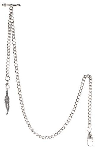 TREEWETO Taschenuhrkette mit T Bar Endstück Albert T-Bar Taschenuhr Kette mit Antiker Blatt-Anhänger und 2 Haken für Weste Knopfloch