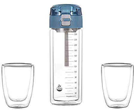 tea4chill Matcha-Shaker MATCHA2go: Teeflasche to go aus Glas für die schnelle Matcha Tee Zubereitung ohne Besen. Thermoflasche für Outdoor inkl. 2 Teegläser.