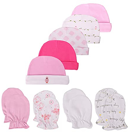 Chamie Baby-Mütze und Fäustlinge, Set für Neugeborene,Mützen und Fäustlinge, für Babys, Jungen und Mädchen, 0–6 Monate, 100% Baumwolle