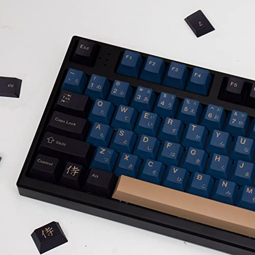 PBT Japanische Tastenkappen mit Tastenkappen-Abzieher, 129 Tasten, Kirschprofil-Farbstoff-Sublimation, Blau, Samurai-Tastenkappen-Set für 61/64/68/84/87/96/104/108 mechanische Gaming-Tastatur