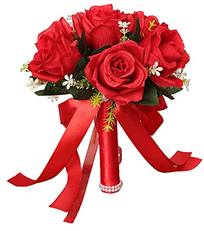 Brautstrauss Hochzeit Blumenstrauß Gefälschte Rose Braut Bouquet,Künstliche Rosen,Brautstrauss Blumenstrauß Hochzeit Künstlich Blume,künstlicher Rosenstrauß Dekoration,für Hochzeit Home Dekoration,Rot