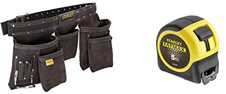 STANLEY Porte Outils Double Ceinture - Nombreuses Poches - Cuir de Qualité Supérieure & FATMAX Mètre à Ruban 5 M - Revêtement Blade Armor - Ruban Ultra Épais - Plus Résistant