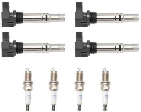 Konuooer Set 4 Zündspule + 4 Zündkerze 036905715 für A1 8X A2 A3 8P für Golf 4 5 Plus 6 Pa-ss-at B6 B7 Po-lo Scirocco 0242240665 für Je-tta Shar-an Ti-guan Tour-an Caddy Bo-ra Be-etle Altea Cordoba