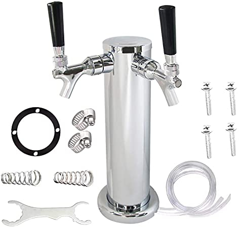 Beer Dispenser, Beer Keg Beer Tower 3 Inch 2 Faucets, Home Bar Draft Beer Tower Dispenser Draft Beer Tower Stainless Steel for Home Brewing