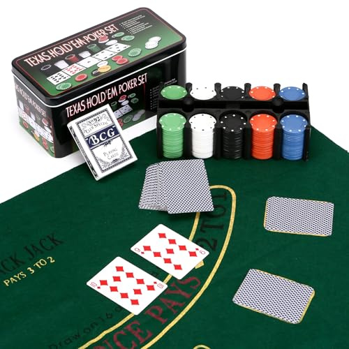 REQUISITE NEEDS Professional Poker Set with Mat, Casino Texas Hold'em and Blackjack Games - 200 Chips, Cards in Tin Box